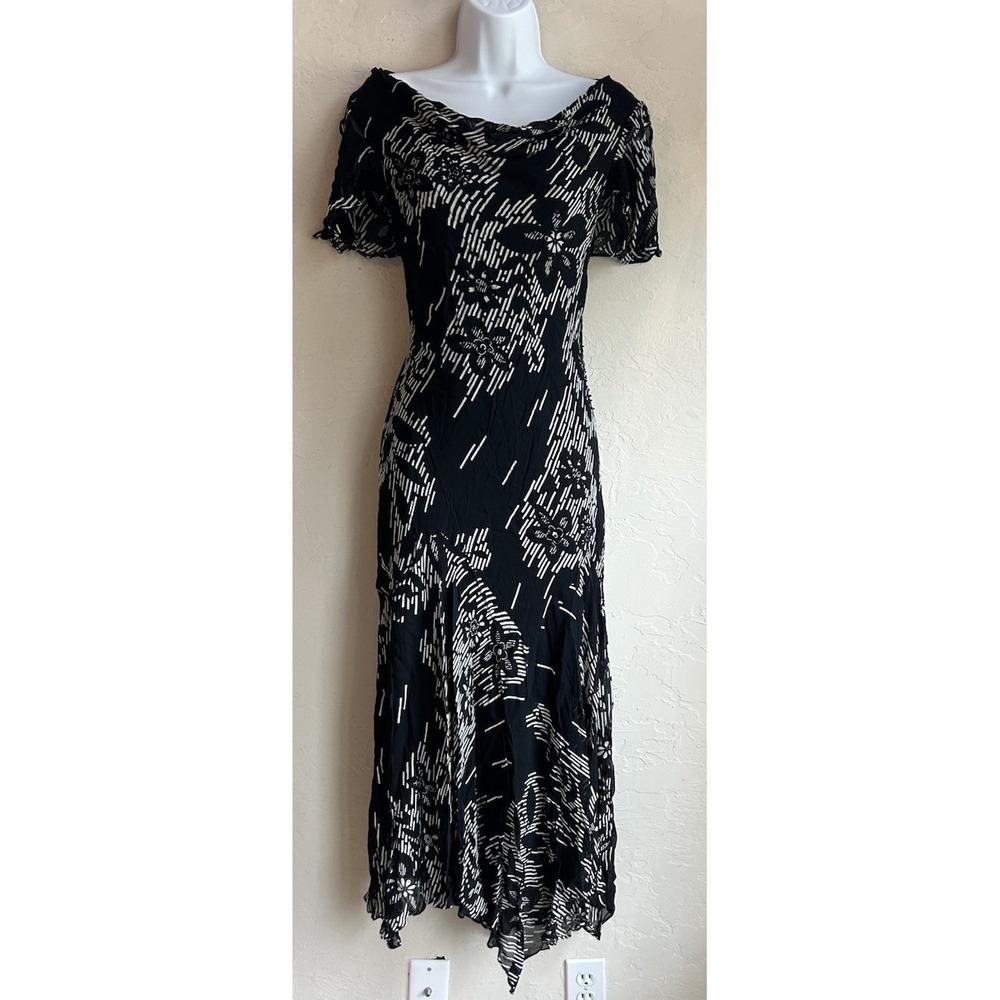 Vintage Y2K Eva Blue Floral Cowl Maxi Dress 12 Beaded Fairy Grunge Asymmetrical